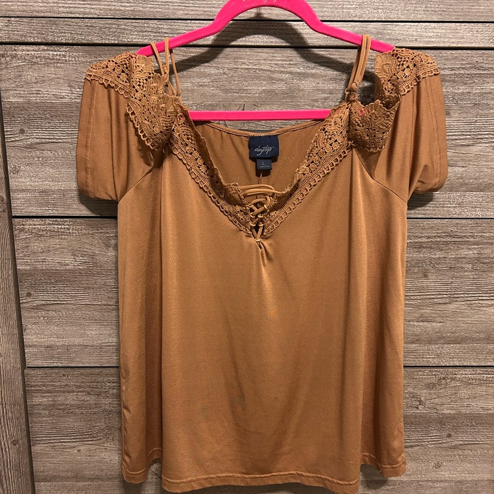 Daytrip Tan Lace Accent Women's Blouse